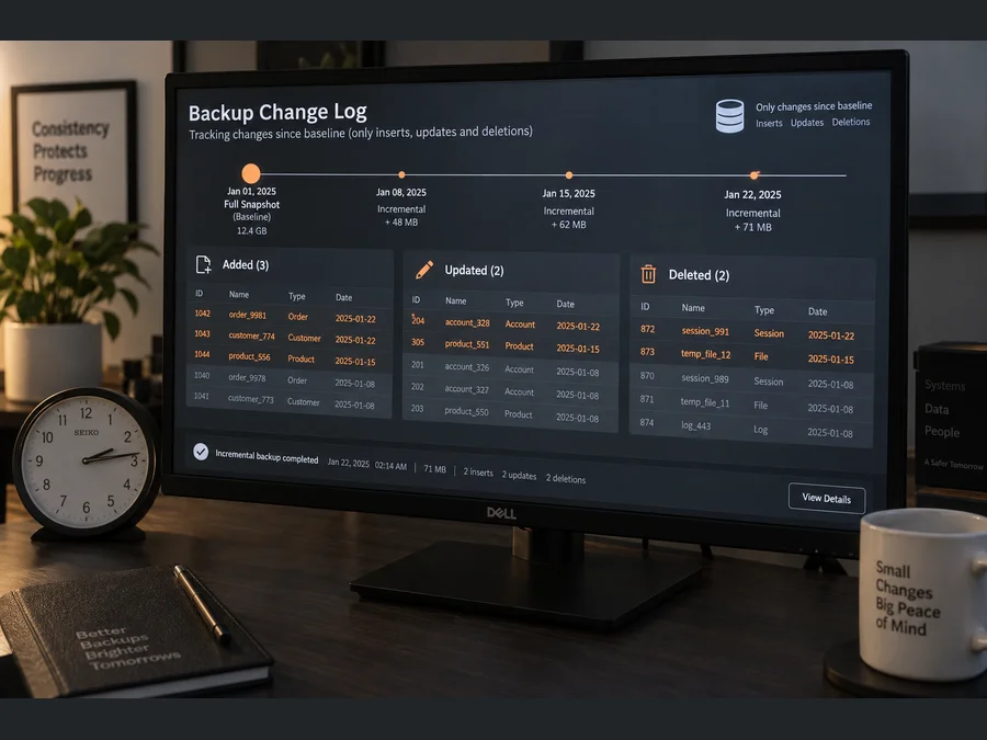 Concept photograph of incremental backup batches tracking added, updated and deleted records