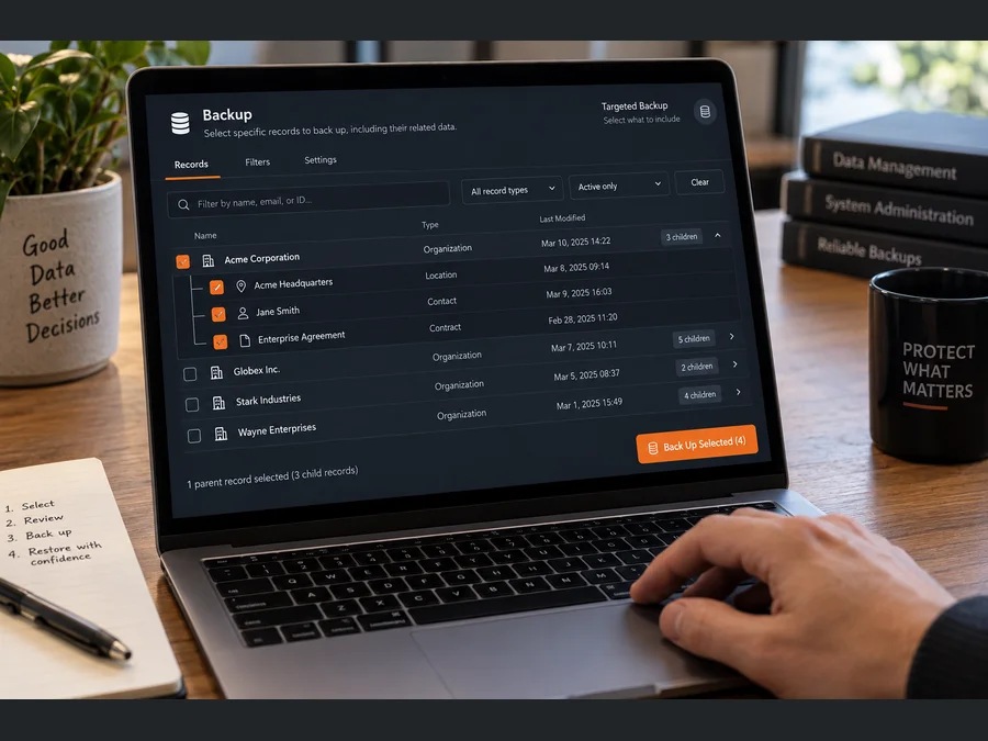 Concept photograph of selected parent and child records prepared for targeted backup